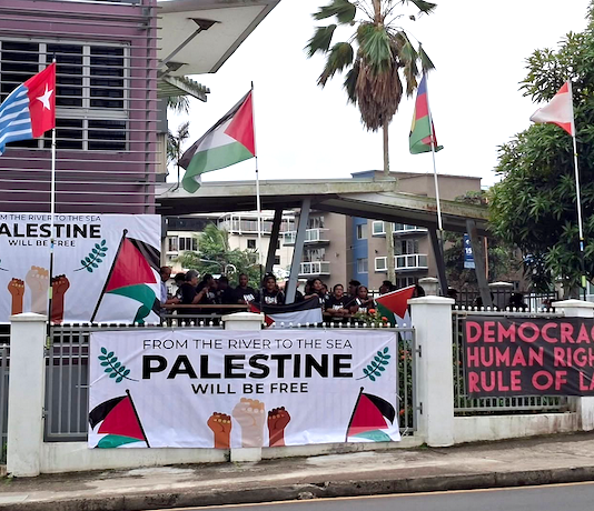 Kanaky, Palestinian and West Papua flags flying at the Fiji Women's Crisis Centre last week during a protest against the opening of the Israeli Embassy in Suva