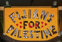 A mini banner inspired and dedicated to Fijians for Palestine Solidarity Network and the Fiji Women's Crisis Centre protests