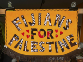A mini banner inspired and dedicated to Fijians for Palestine Solidarity Network and the Fiji Women's Crisis Centre protests