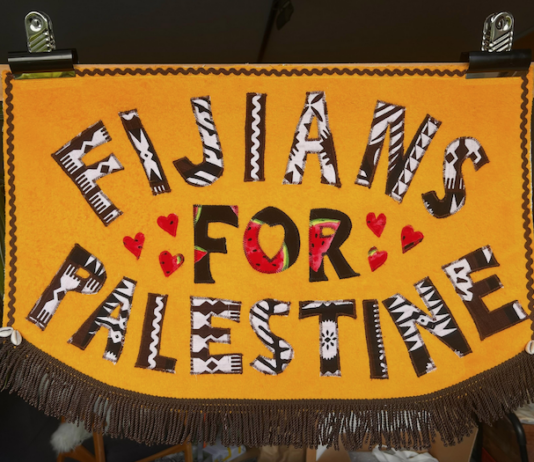 Fijians for Palestine – an antidote to ‘Suva sycophancy’ over Israel A mini banner inspired and dedicated to Fijians for Palestine Solidarity Network and the Fiji Women's Crisis Centre protests