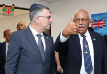 Israeli Foreign Minister Gideon Sa'ar (left) with Fiji Prime Minister Sitiveni Rabuka
