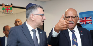 Israeli Foreign Minister Gideon Sa'ar (left) with Fiji Prime Minister Sitiveni Rabuka