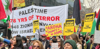 “Palestine - 78 years of [Israeli] terror” and "Aroha trumps arms" banners at the Auckland June 20 March for Peace