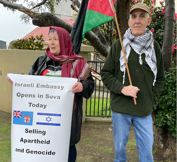 Protesters at the Fiji High Commission in Wellington