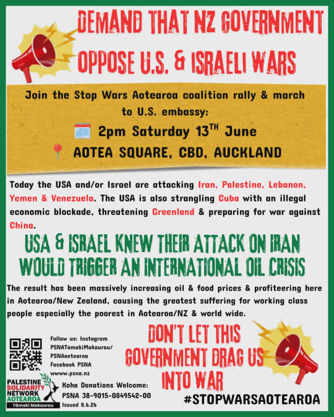 "Demand that NZ government oppose US and Israeli wars"