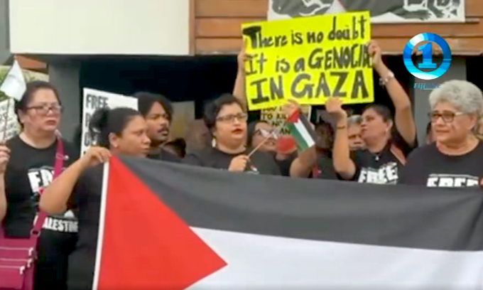 "There is no doubt. It is a genocide in Gaza" banner at the Fiji protest