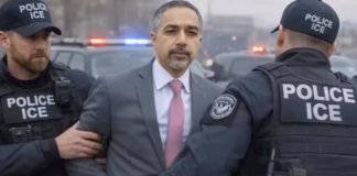 An AI-generated image depicting Trita Parsi being arrested by ICE agents