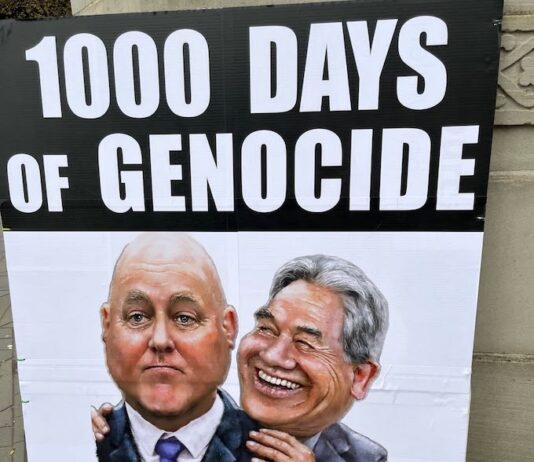 A poster highlighting the New Zealand government's role in the Western complicity over the Gaza genocide
