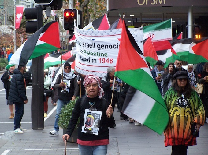 Protesters at today's pro-Palestine rally in Auckland Tāmaki Makaurau with "Free Dr Abu Safiya" posters