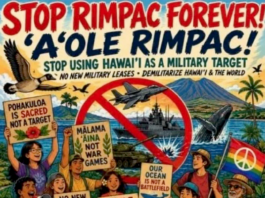 A "Stop RIMPAC forever" poster.