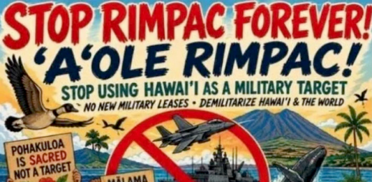 A "Stop RIMPAC forever" poster.