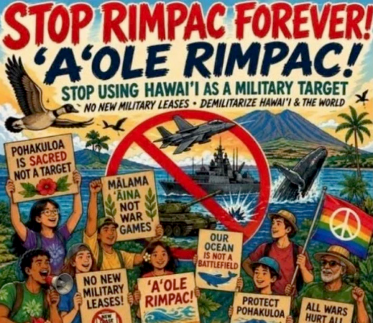 A "Stop RIMPAC forever" poster.