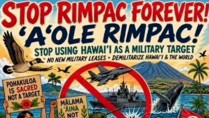 A "Stop RIMPAC forever" poster.