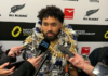 Fehi Fineanganofo garlanded by family speaks to the media after the All Blacks defeated France 34-32 in Christchurch