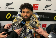 Fehi Fineanganofo garlanded by family speaks to the media after the All Blacks defeated France 34-32 in Christchurch