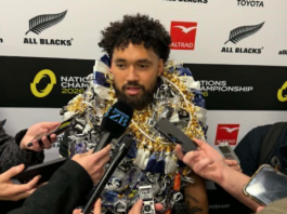 Fehi Fineanganofo garlanded by family speaks to the media after the All Blacks defeated France 34-32 in Christchurch
