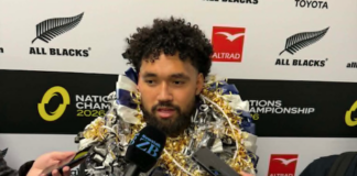 Fehi Fineanganofo garlanded by family speaks to the media after the All Blacks defeated France 34-32 in Christchurch