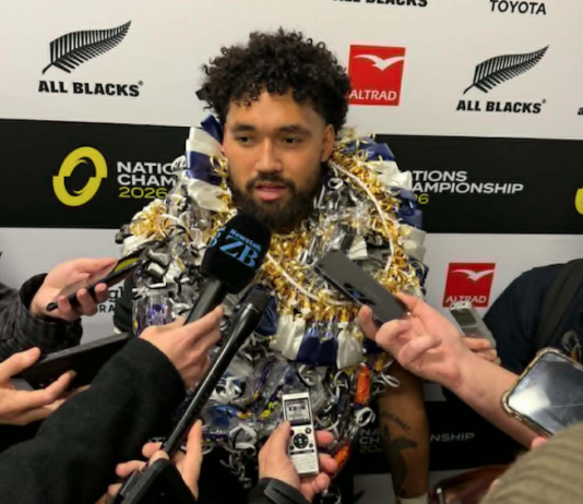Fehi Fineanganofo garlanded by family speaks to the media after the All Blacks defeated France 34-32 in Christchurch