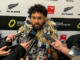 Fehi Fineanganofo garlanded by family speaks to the media after the All Blacks defeated France 34-32 in Christchurch