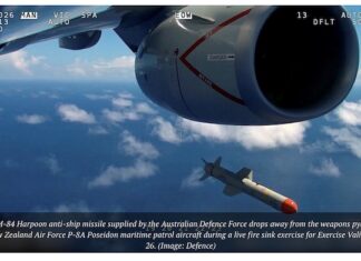 An AGM-84 Harpoon anti-ship missile supplied by the Australian Defence Force drops from an RNZ Air Force Poseidon patrol aicraft during a love fire exercise