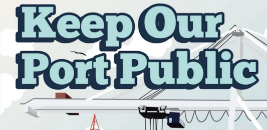Part of a support poster in the campaign to keep Lyttelton Port in public hands