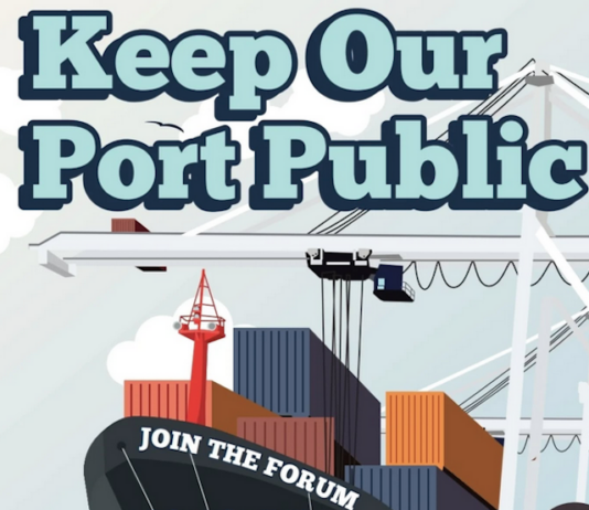 Part of a support poster in the campaign to keep Lyttelton Port in public hands