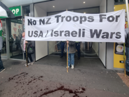 Pro-Palestine and anti-war protesters picket the US Consulate in Auckland during today's "US Invasion Day" rally