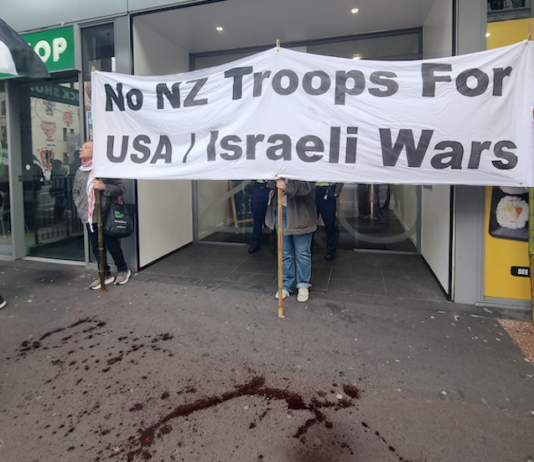 Pro-Palestine and anti-war protesters picket the US Consulate in Auckland during today's "US Invasion Day" rally