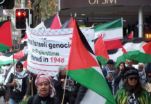 Iranian and Palestinian flags at a New Zealand rally against the war on Iran and the Gaza genocide