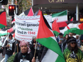 Iranian and Palestinian flags at a New Zealand rally against the war on Iran and the Gaza genocide