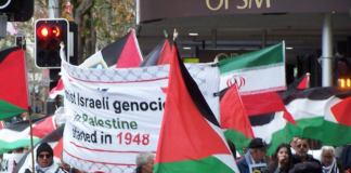 Iranian and Palestinian flags at a New Zealand rally against the war on Iran and the Gaza genocide