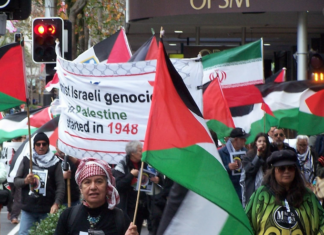 Iranian and Palestinian flags at a New Zealand rally against the war on Iran and the Gaza genocide