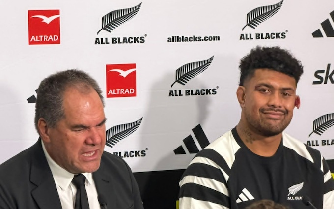 All Blacks coach Dave Rennie and captain Ardie Savea fronting the media after the win over France