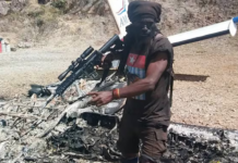 A TPNPB resistance fighter stands guard on the charred aircraft remains