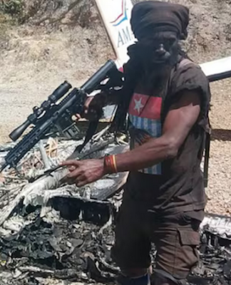 A TPNPB resistance fighter stands guard on the charred aircraft remains