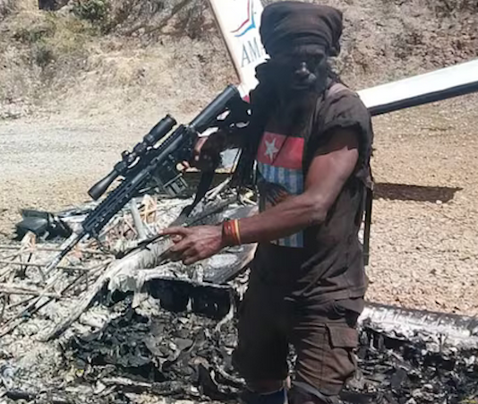 A TPNPB resistance fighter stands guard on the charred aircraft remains