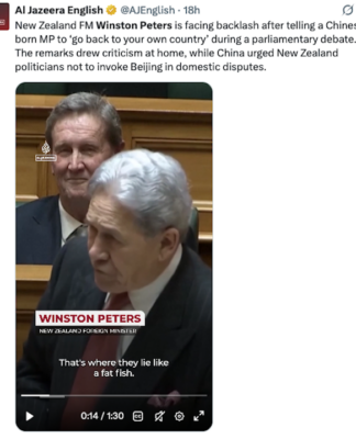 Slurs by NZ Foreign Minister Winston Peters makes the global news for Al Jazeera