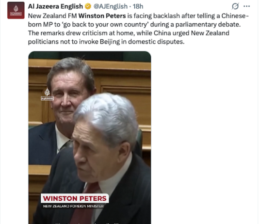 Slurs by NZ Foreign Minister Winston Peters makes the global news for Al Jazeera