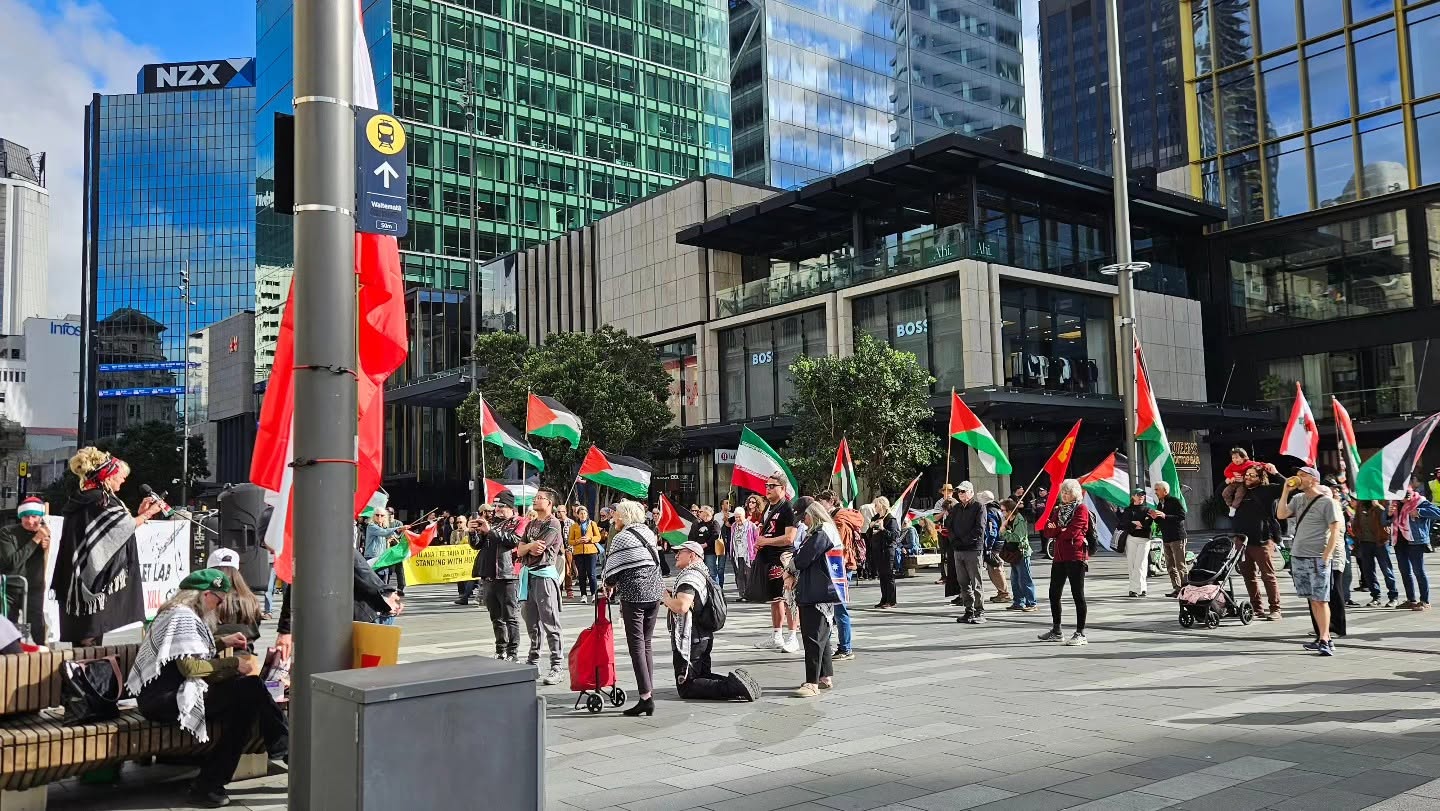 Pro-Palestinian protesters in Auckland, New Zealand, demonstrating against the Gaza genocide and West Bank ethnic cleansing by Israel marking 150 weeks of continuous rallies