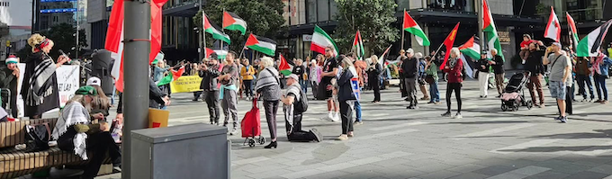 Palestine protesters in Auckland's Te Komititanga Square today
