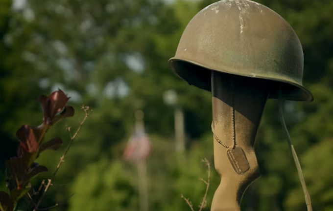 A helmet and dog tag as seen in Camp Lejeune, North Carolina