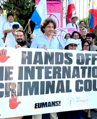 Defenders of the International Criminal Court, led by the pan-European group Eumans, rally in Rome