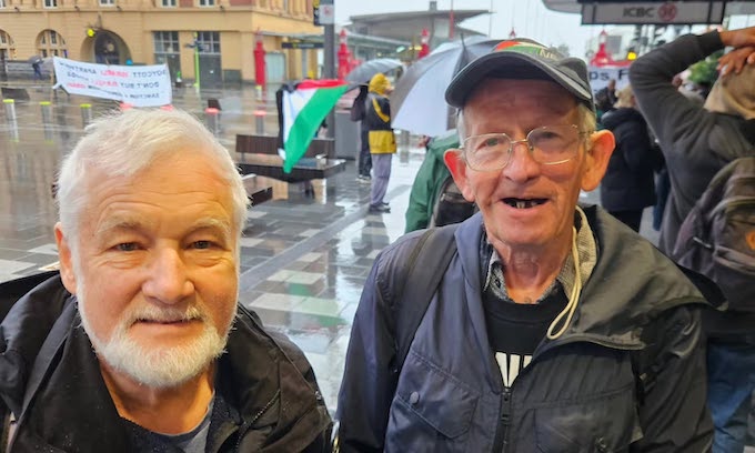 "Twice arrested" over Palestine solidarity UK visitor Jeremy Watson (left) with PSNA's Barry Lee