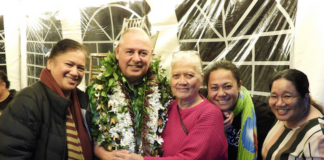 Caretaker Prime Minister and Cook Islands Party leader Mark Brown with supporters on election night