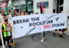 An Auckland protest against Rocket Lab's implication in the Gaza genocide earlier this year