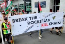 An Auckland protest against Rocket Lab's implication in the Gaza genocide earlier this year