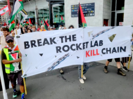 An Auckland protest against Rocket Lab's implication in the Gaza genocide earlier this year