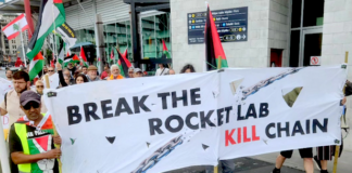 An Auckland protest against Rocket Lab's implication in the Gaza genocide earlier this year
