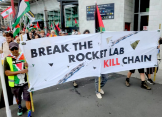 An Auckland protest against Rocket Lab's implication in the Gaza genocide earlier this year