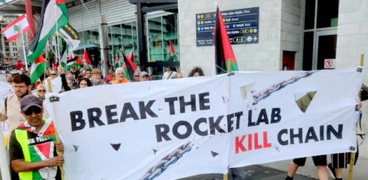 An Auckland protest against Rocket Lab's implication in the Gaza genocide earlier this year